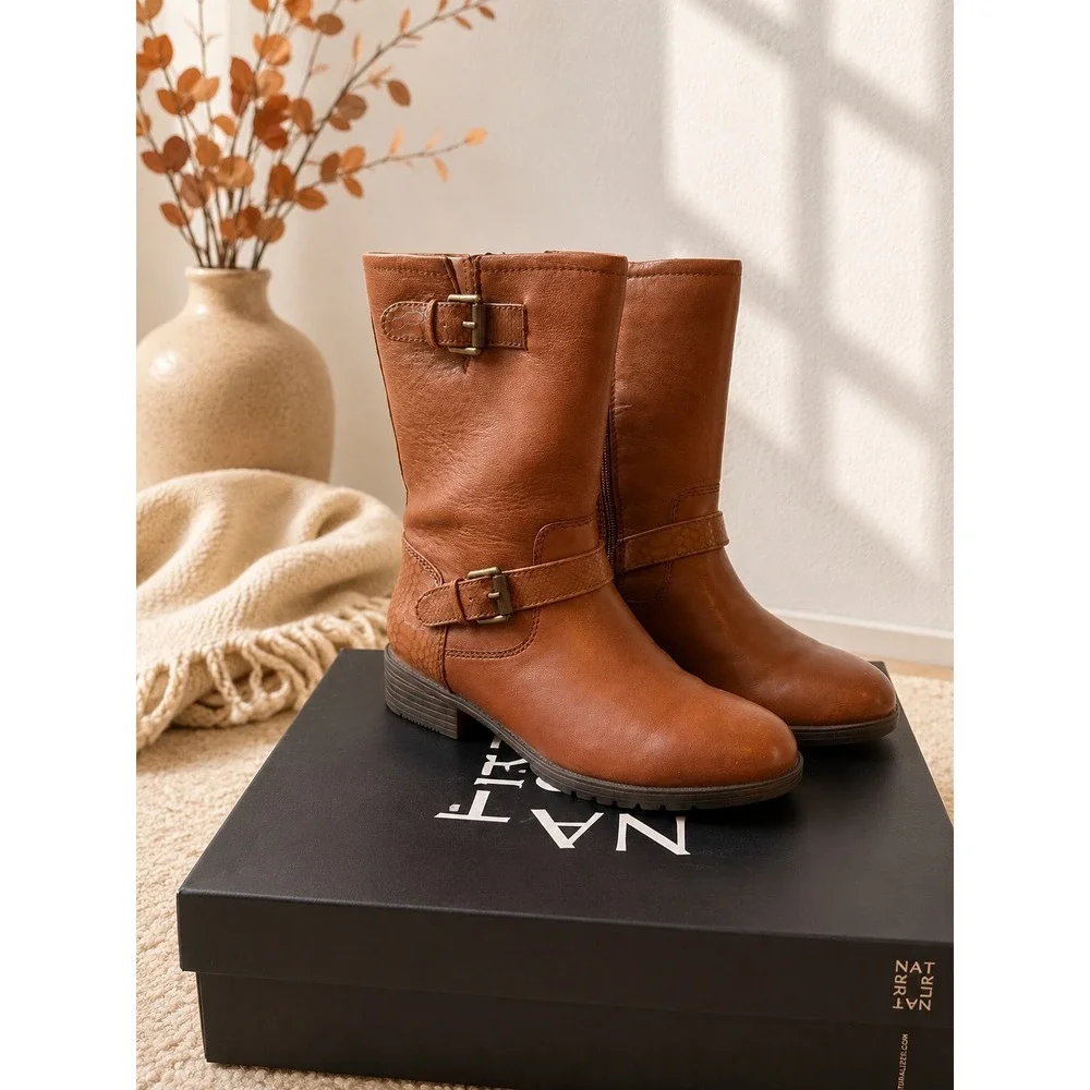 Naturalizer Genna Leather Mid Calf Buckle Boots Cider Spice Brown Womens 7M